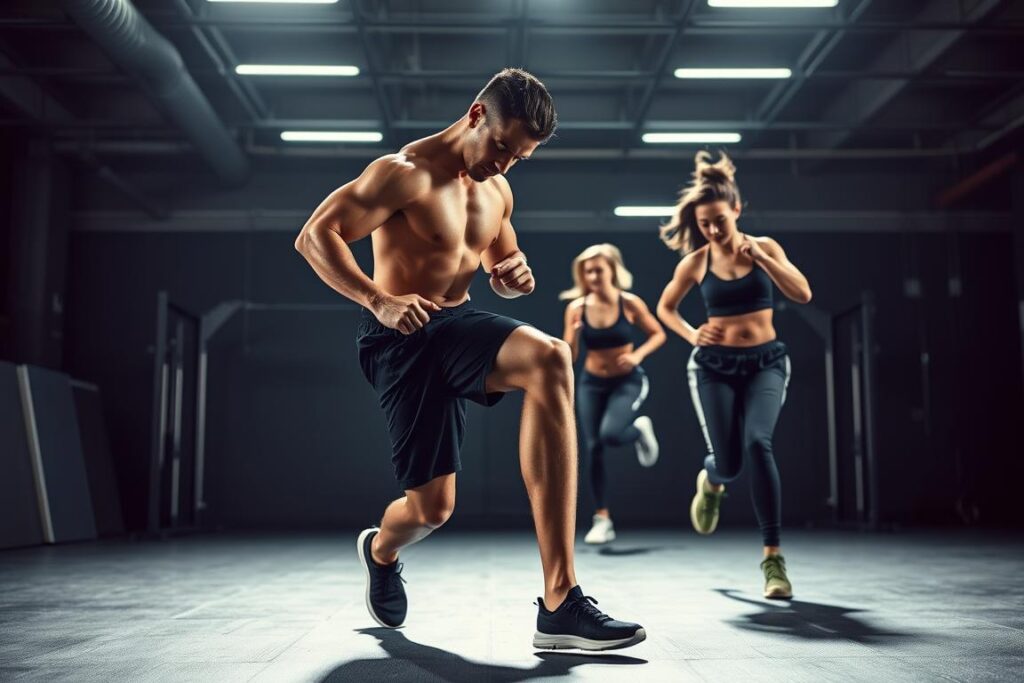A high-intensity workout scene with a focus on fat-burning exercises. The foreground features a fit male model performing a burpee, capturing the explosive movements and muscular exertion. The middle ground showcases a female model doing jumping jacks, highlighting the cardio-intensive nature of the exercises. The background depicts a minimalist gym setting with industrial-style lighting and machinery, conveying a sense of intensity and determination. The lighting is harsh and directional, casting dramatic shadows and highlighting the sculpted physiques of the models. The overall mood is one of intense physical effort and unwavering commitment to achieving fitness goals.