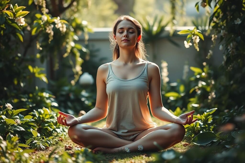 Meditative woman in a peaceful garden, bathed in soft natural light. She sits cross-legged, eyes closed, hands in a mudra pose, radiating an aura of serenity and inner balance. Lush green foliage surrounds her, with delicate flowers and cascading vines in the background. The scene evokes a sense of harmony, tranquility, and the integration of mind, body, and spirit. Minimal, elegant composition with muted, earthy tones to capture the essence of hormonal equilibrium through mindfulness practices.